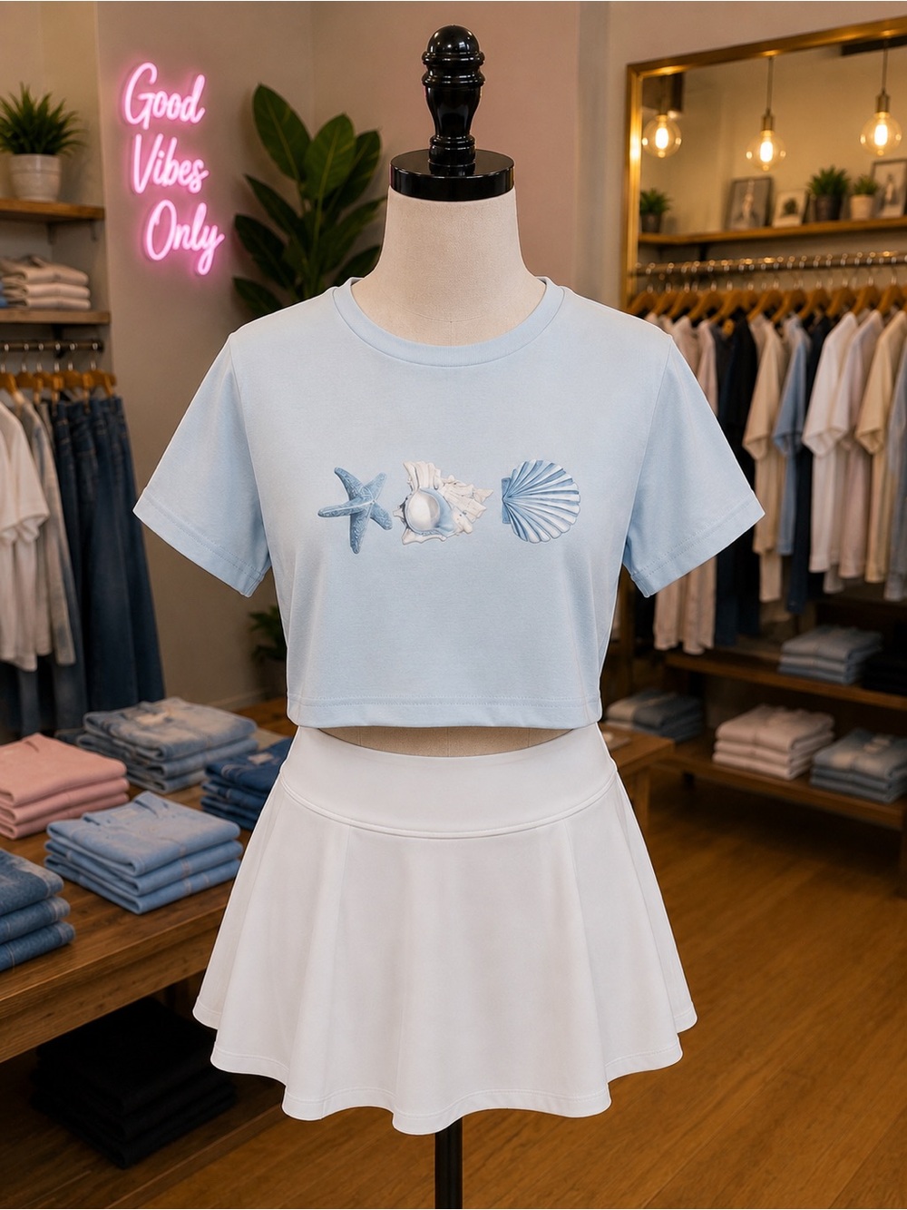 SHEIN Light Blue Girls Crop Tee with Seashell Embroidery